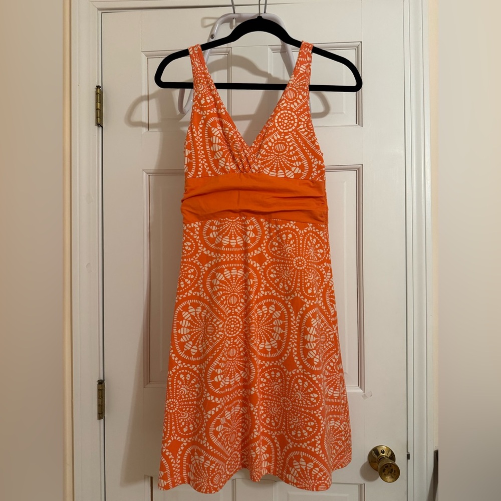 Patagonia sundress. Cotton/spandex knit. Aline .  Burnt orange/white. Beach